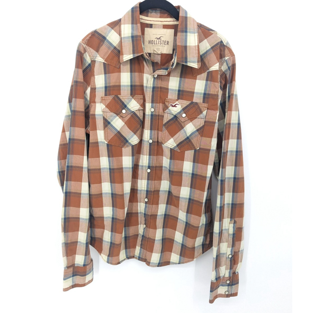 Hollister Shirt Men Medium Brown Plaid Long Sleeve Pearl Snap Western Cotton Top